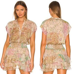 NWT MISA Los Angeles Evie Patchwork Smocked Cap Sleeve Lined Mini Dress Sz Large